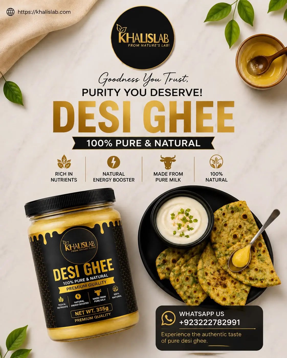 A jar of Khalslab Desi Ghee is displayed on a light marble surface next to a black plate with two pieces of roti and a small bowl of chutney.