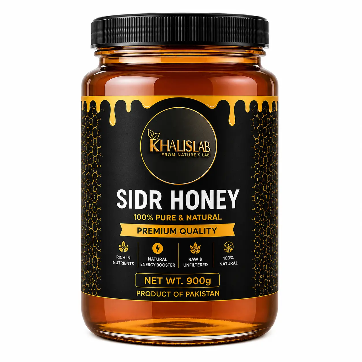 A 900g jar of Khalislab Sidr Honey on a solid white background. The jar is made of amber glass, showing the golden honey inside, and has a black screw-on lid and a black label with gold honey-drip details and text.