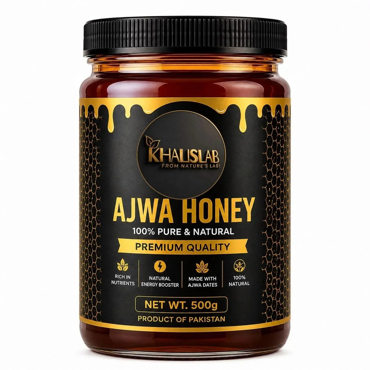 A 500g jar of Khalislab Ajwa Honey on a solid white background. The product is in an amber glass jar with a black screw-on lid and a black label featuring gold honey-drip graphics and text.