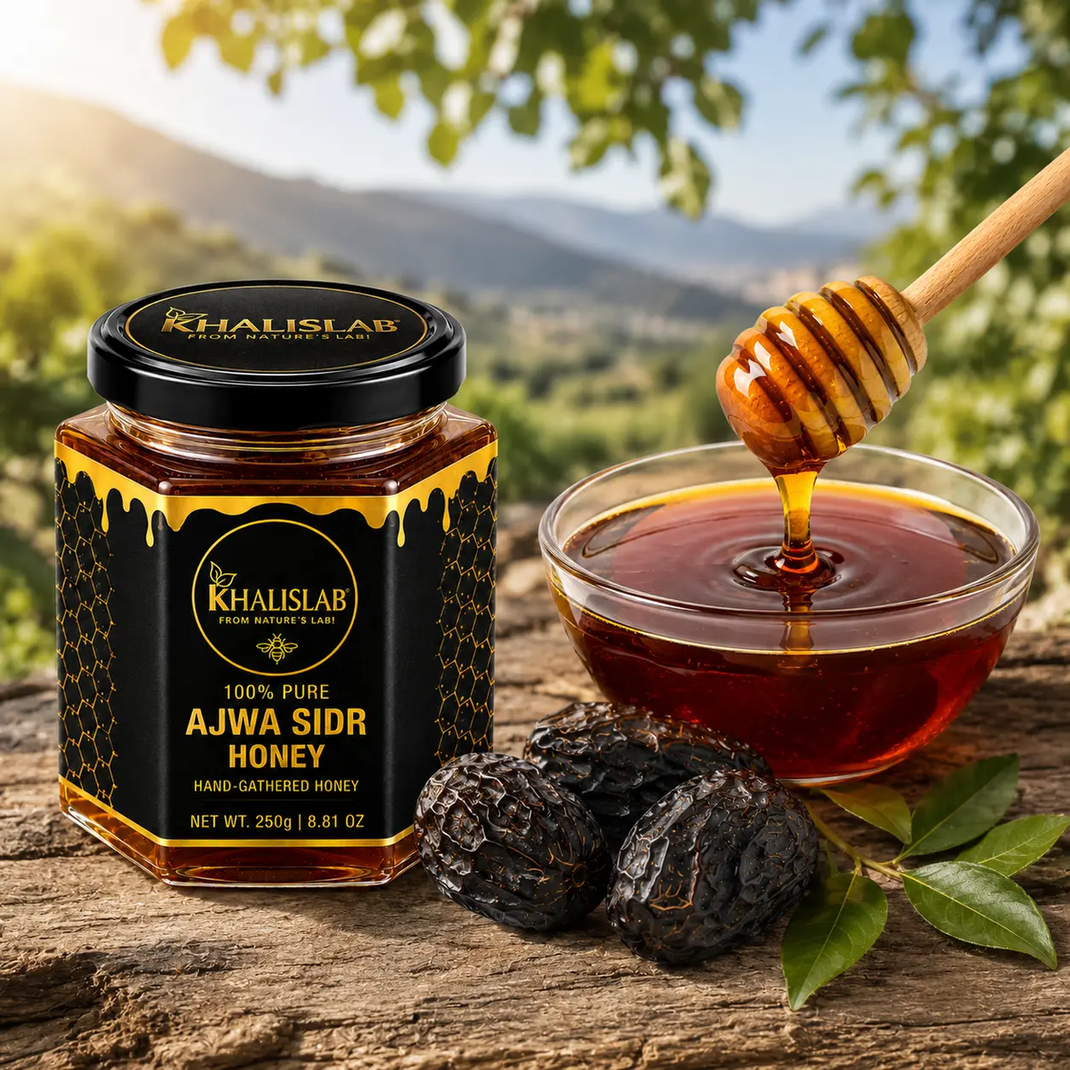Ajwa Sidr Honey Jar of 250g with ajwa and beautiful natural scene in background 