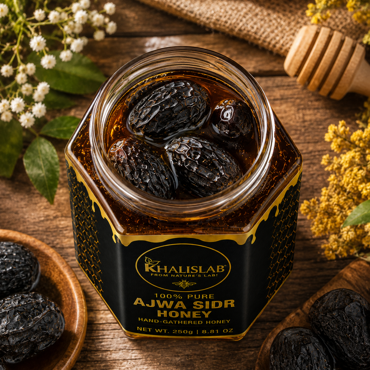 A jar of Khalislab Pure Ajwa Sidr Honey displayed on a rustic wooden surface, surrounded by decorative flowers, honeycomb tools, and additional dark ajwa dates.