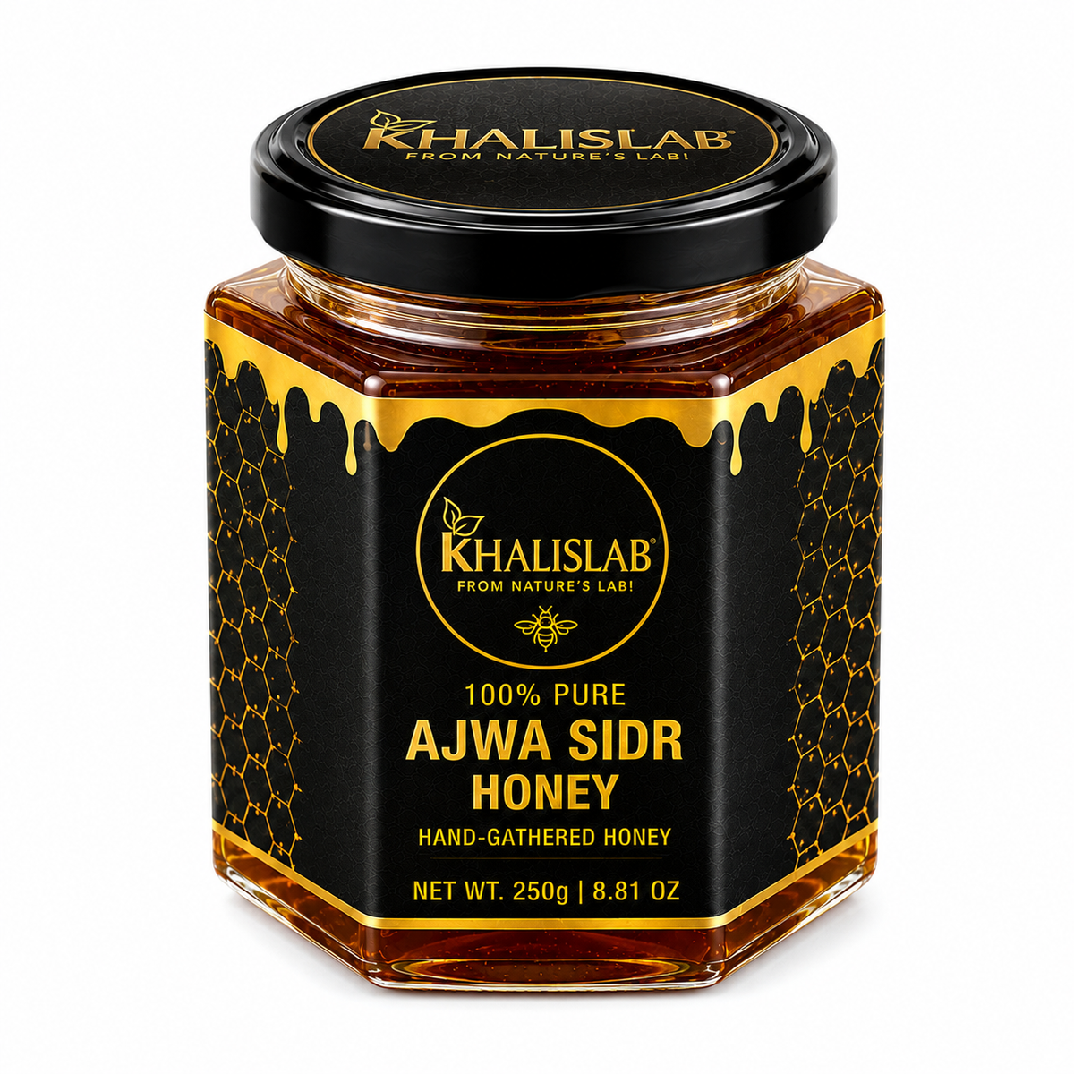 A hexagonal glass jar of Khalislab 100% Pure Ajwa Sidr Honey, featuring a black label with gold honey-drip graphics and a black lid, set against a plain white background.