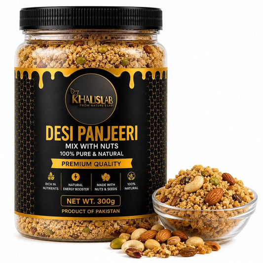 A 300g and 600g jar of Khalislab Desi Panjeeri mix with nuts, shown alongside a small glass bowl and scattered almonds and pistachios on a white background.