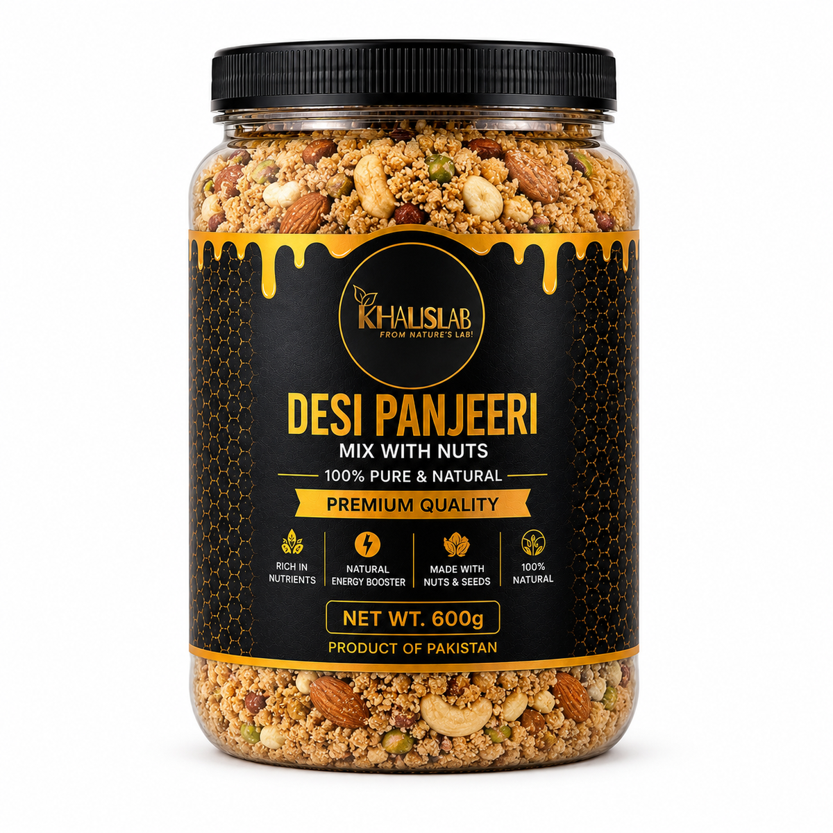 A jar of Khalislab Desi Panjeeri Mix with Nuts, shown on a clean white background. The product is a clear plastic jar filled with a golden-brown and beige mixture of grains, nuts, and seeds, sealed with a black lid and a black label featuring gold and white text.