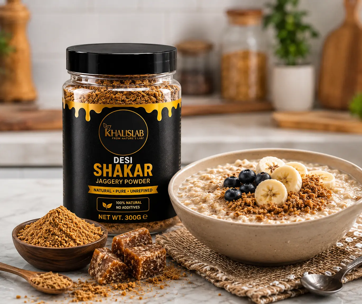 A jar of The Khalslab Desh Shakar Jaggery Powder is shown next to a bowl of oatmeal topped with banana slices and blueberries, with loose jaggery pieces and a small bowl of powder in the foreground on a kitchen counter.