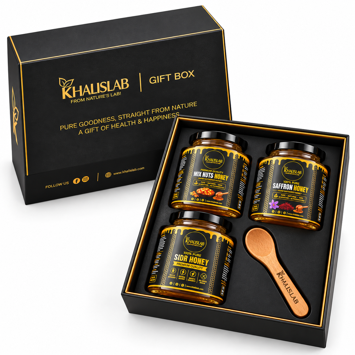 Khalslab gift set containing three jars of honey (Mix Nuts Honey, Gaffron Honey, and Sidr Honey), a wooden spoon, and an open black presentation box with gold lettering, shown on a white background.