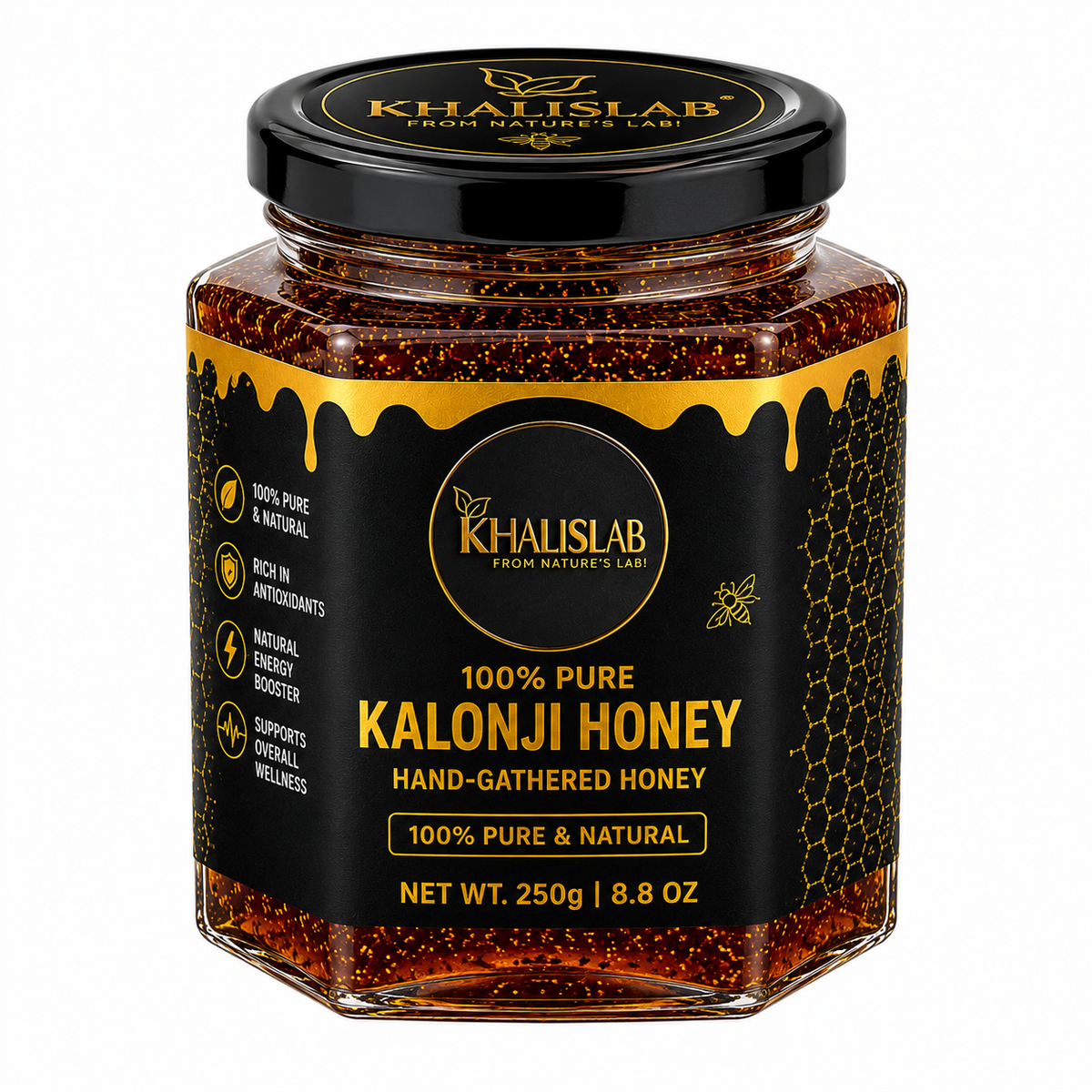 A glass jar of Khalislab Kalonji Honey with a black lid and black label featuring gold text and honeycomb patterns, set against a plain white background.