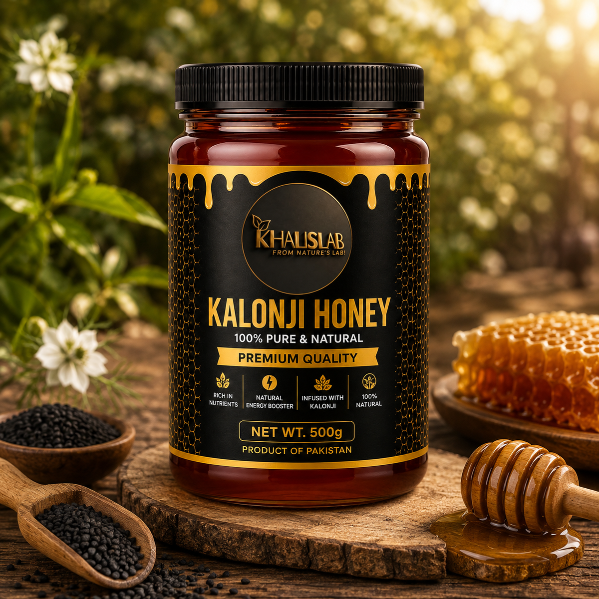 A jar of Khalislab Kalonji Honey is displayed on a rustic wooden board surrounded by honeycomb, a honey dipper, black seeds, and white flowers, set against a warm, sunlit garden background.