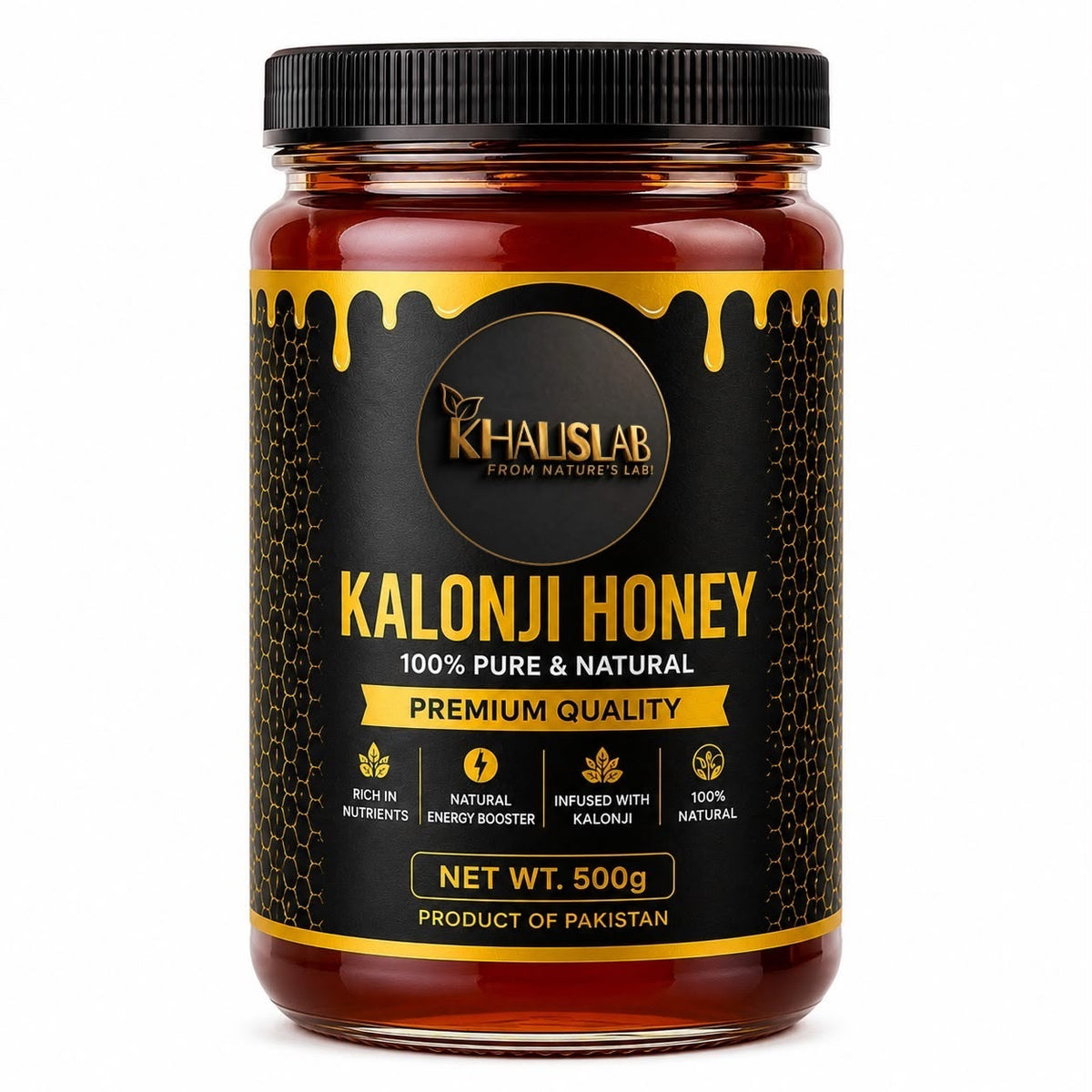 A 500g jar of Khalislab Kalonji Honey on a plain white background. The jar is made of amber glass, showing the golden honey inside, and has a black screw cap and a black label with gold text and honey-drip graphics.