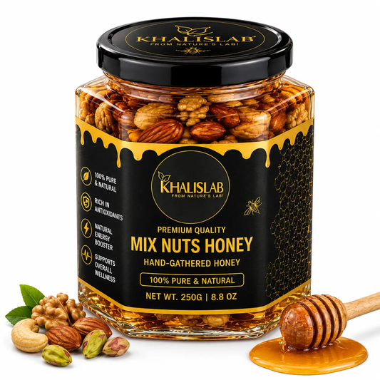 A glass jar of Khalislab Premium Quality Mix Nuts Honey, filled with golden honey and mixed nuts.