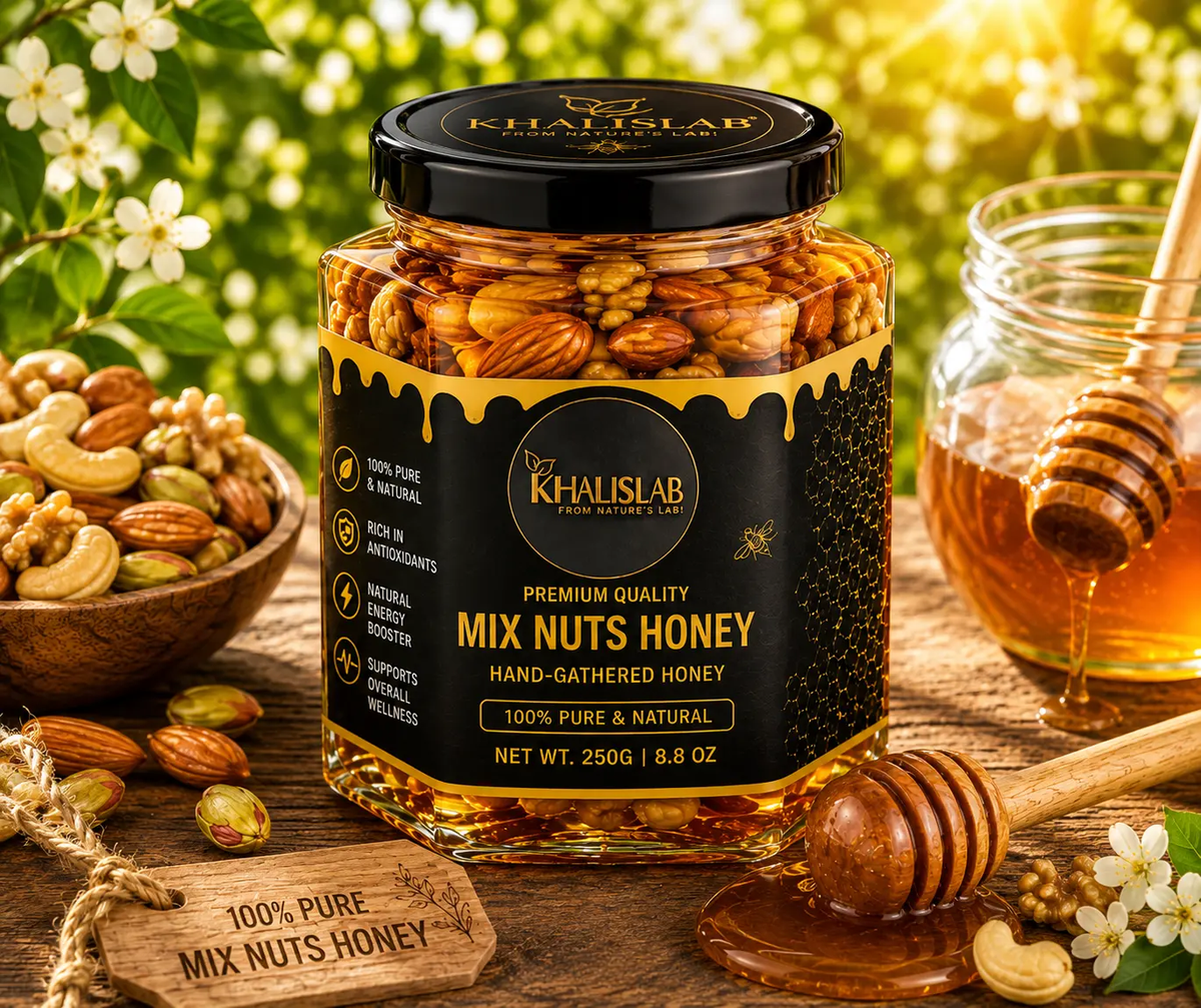 A glass jar of Khalislab Mix Nuts Honey with a black lid and black label, surrounded by nuts,.