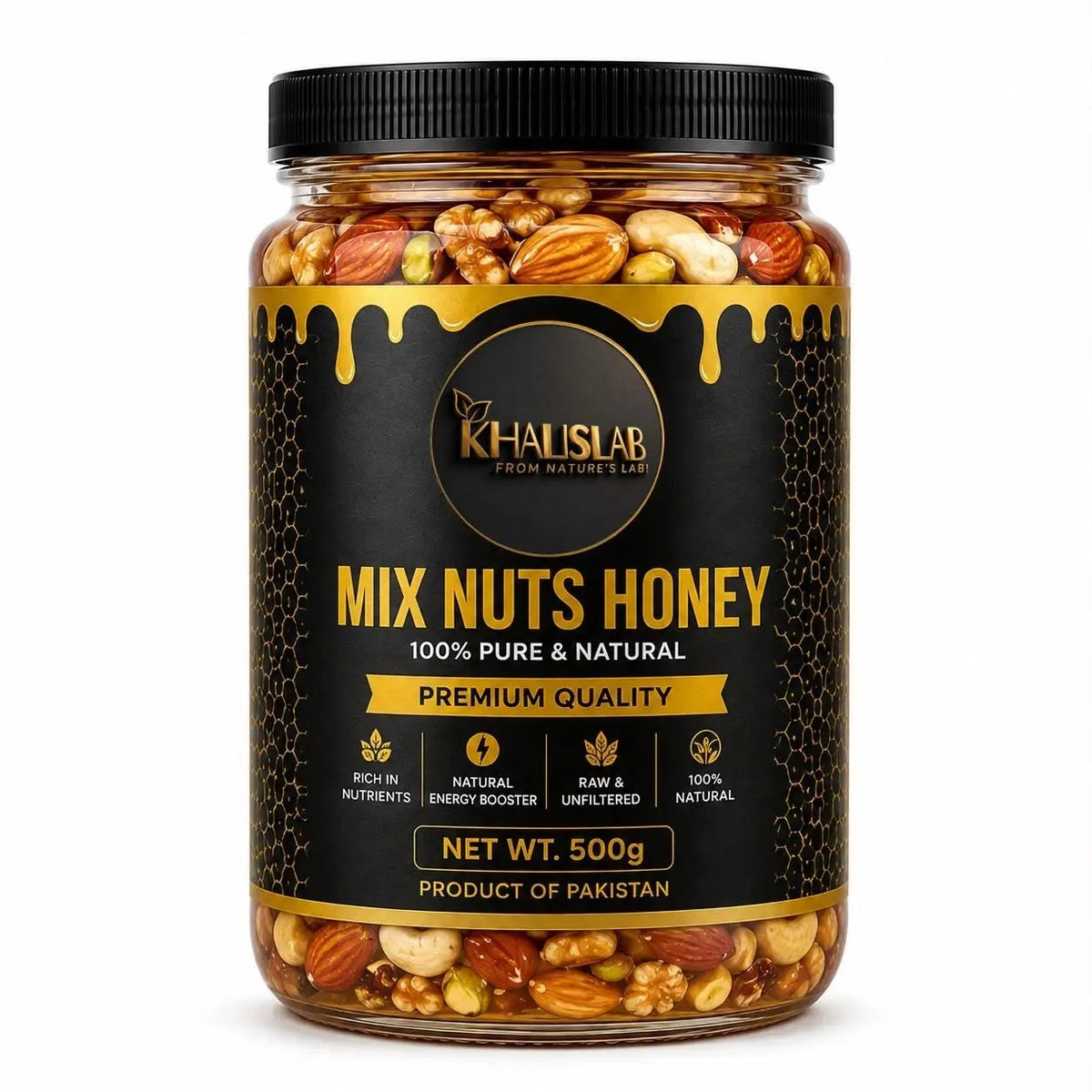 A 500g jar of Khalislab Mix Nuts Honey, featuring a black lid and a black label.