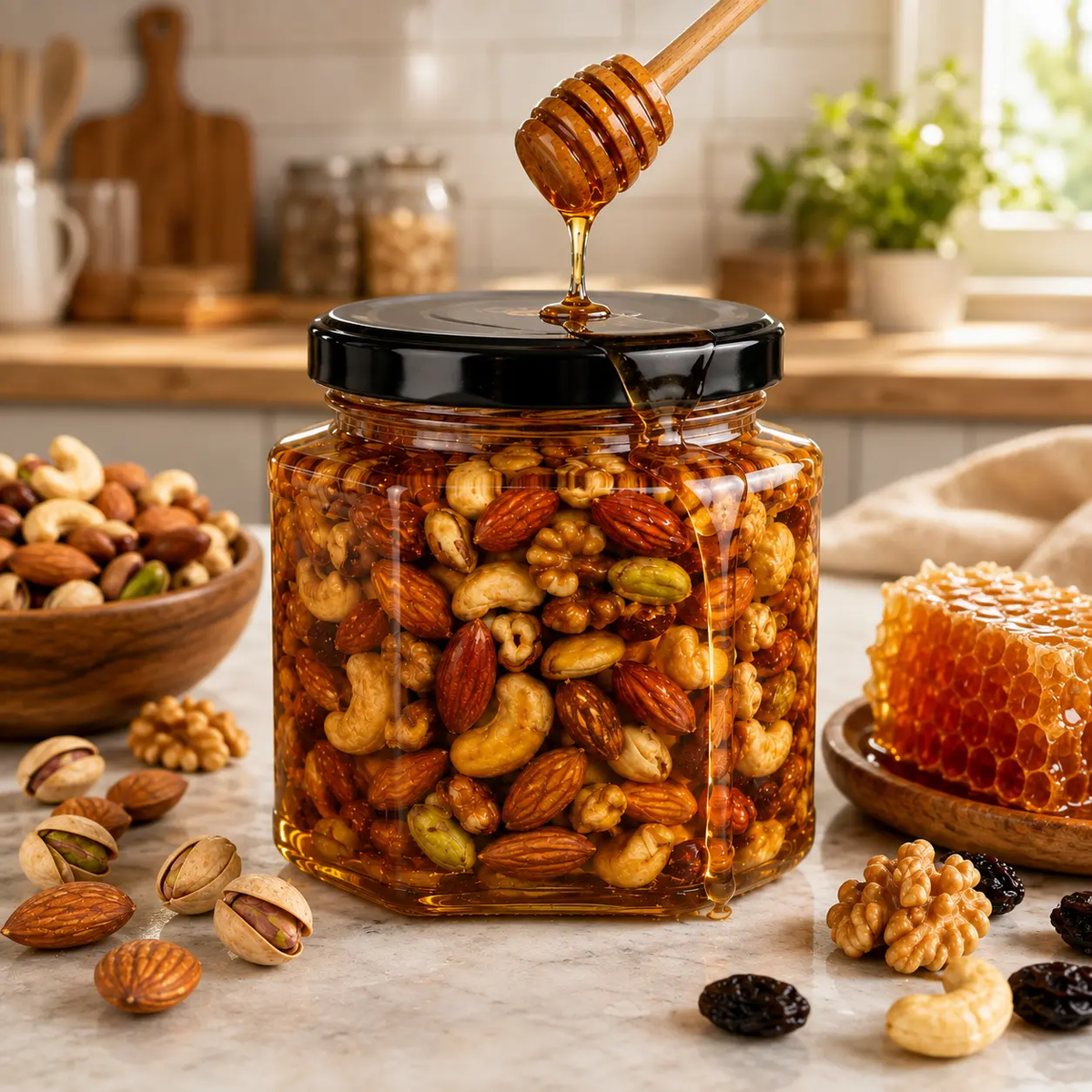 A clear glass jar filled with mixed nuts and honey, topped with a black lid and a wooden honey dipper pouring honey into the center. 