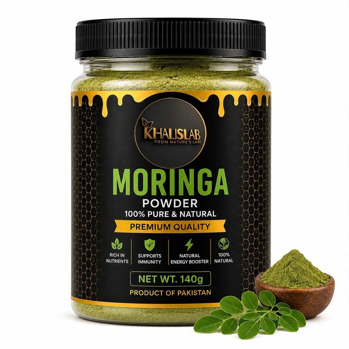 A jar of Khalslab Moringa Powder on a white background, next to a small wooden bowl filled with green powder and fresh green moringa leaves.