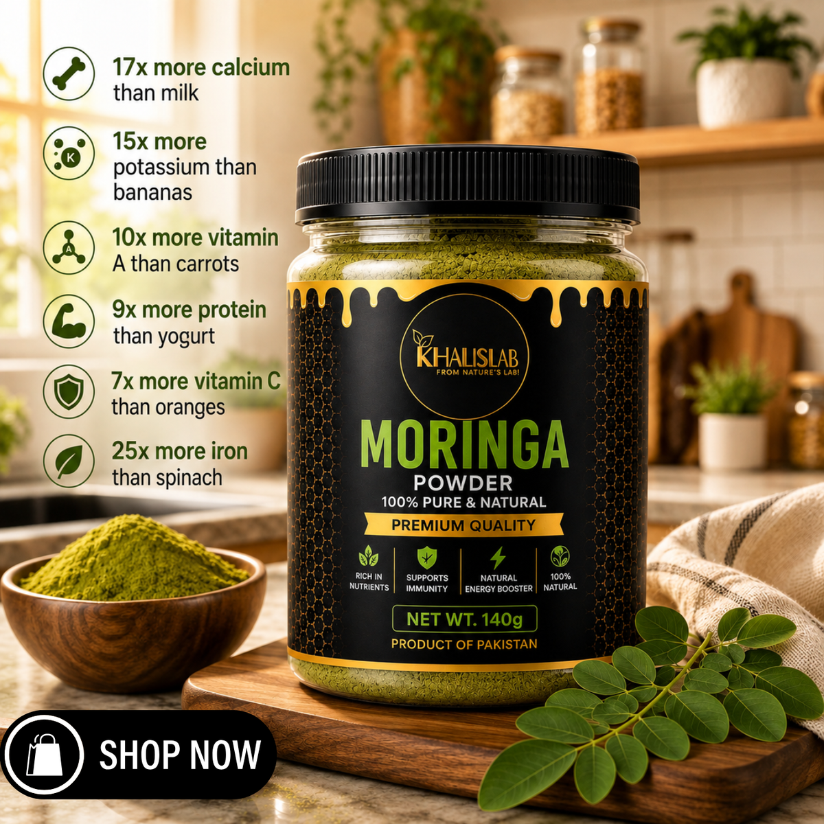 A jar of Khalislab Moringa Powder centered on a wooden cutting board in a kitchen setting, with a bowl of green powder, leaves, and promotional text callouts about nutritional benefits. The product label is black with green and gold text.
