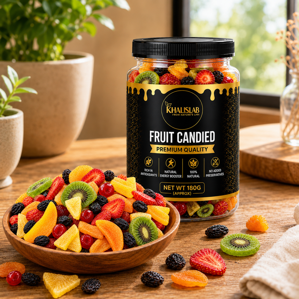 A jar of Fruit Candied by The Khalislab on a wooden table, styled with a bowl of assorted dried fruits, kiwi slices, strawberries, and blackberries in the foreground.