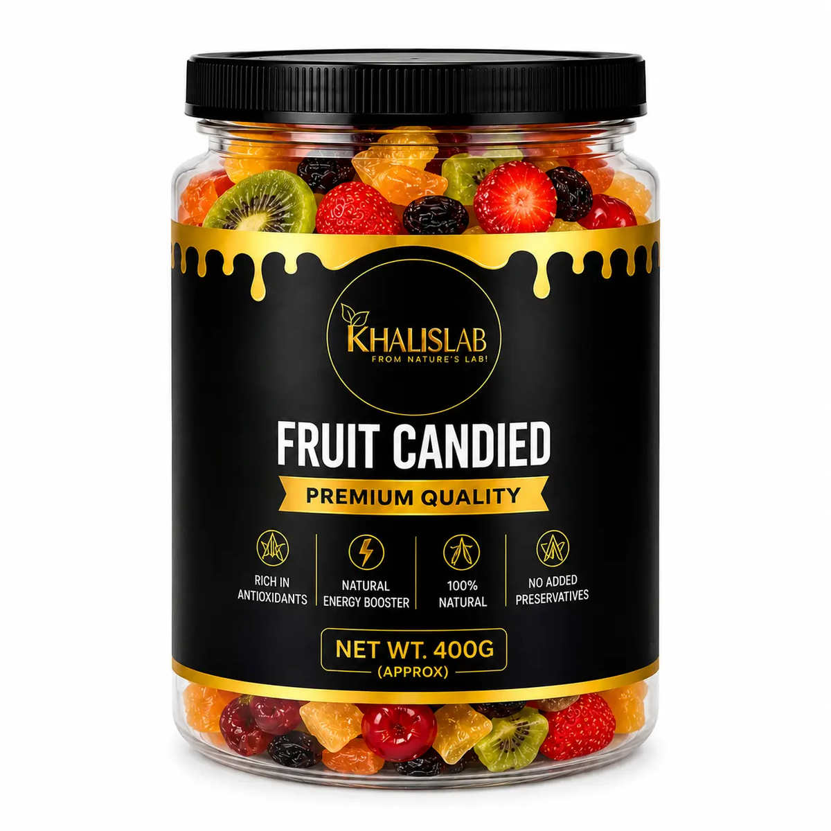 Organic Fruits Candied 400g jar in the white background with black and golden color combination of label.
