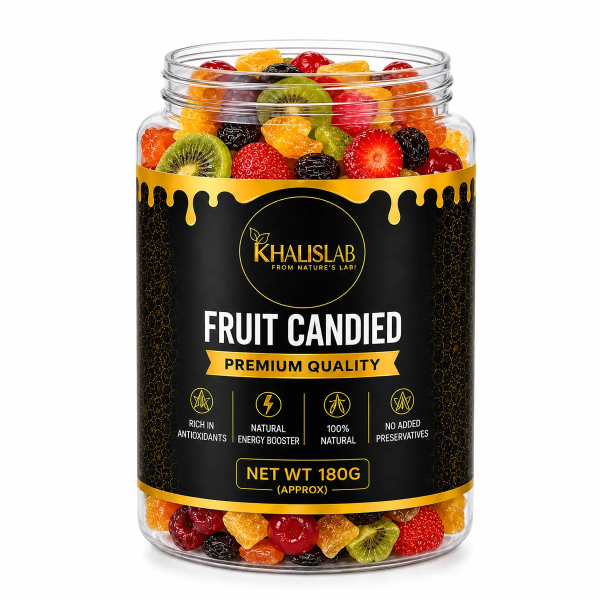 A clear plastic jar filled with assorted fruit candied sweets, featuring a black label with gold accents and the brand name 'Khalislab' on a white background.