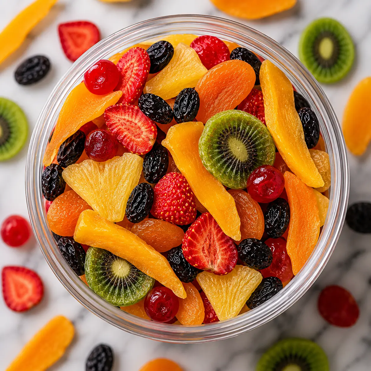 A clear glass bowl filled with a colorful dried fruit and berry snack mix, including orange slices, strawberries, blackcurrants, apricots, kiwi pieces, and dark raisins, set on a light marble surface with scattered fruit around it.