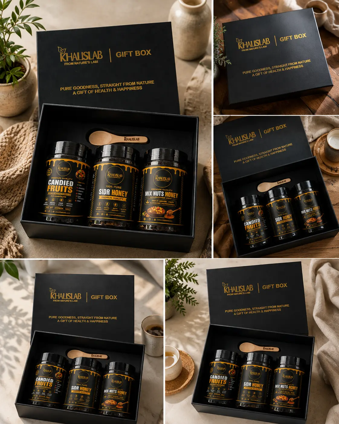 A gift set from The Khalislab featuring black boxes and three supplement bottles with gold lettering, shown in multiple styled product views on a warm neutral background.