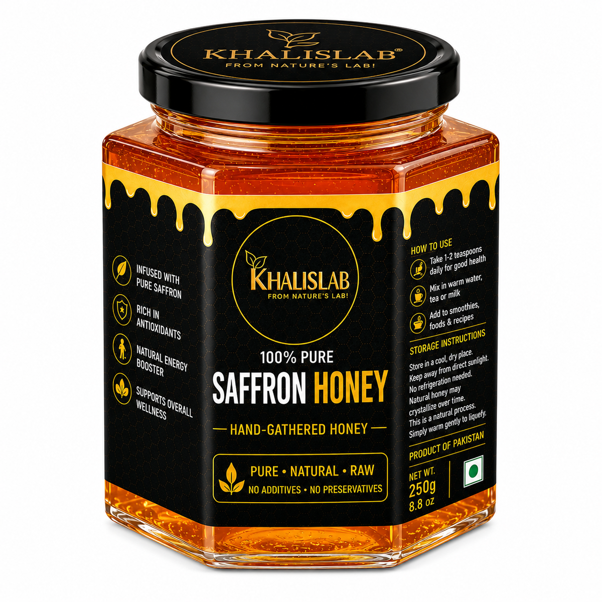 A glass jar of Khalislab Saffron Honey with a black lid and black label, showcasing the golden amber honey inside.
