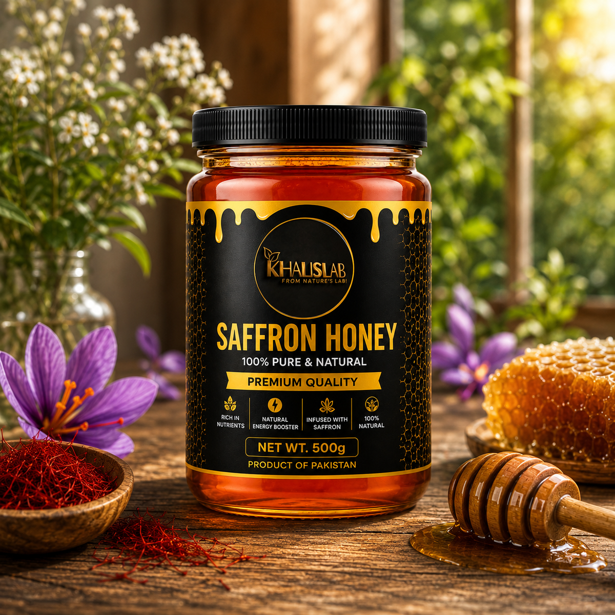 A jar of Khalislab Saffron Honey displayed on a rustic wooden table surrounded by saffron threads, a honey dipper, a honeycomb piece, and purple saffron flowers, with a soft-focus garden background.