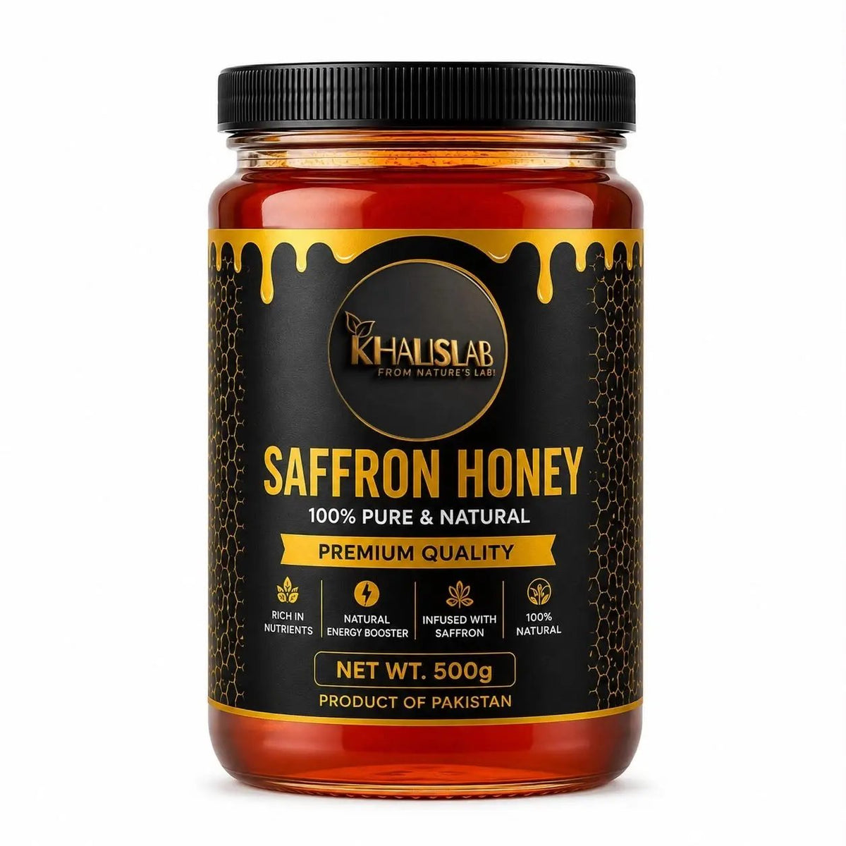A 500g jar of Khalislab Saffron Honey on a white background. The jar is made of clear glass showing the golden-brown honey inside.