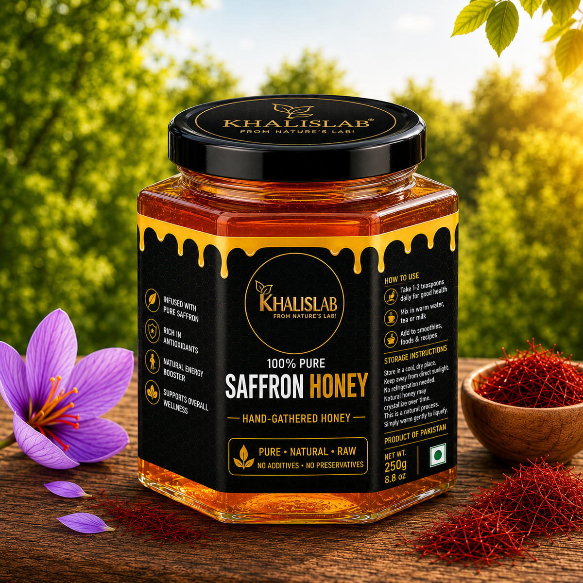 A jar of Khalislab Saffron Honey displayed on a wooden surface with a purple saffron flower, a small bowl of red saffron threads, and a blurred outdoor garden background.