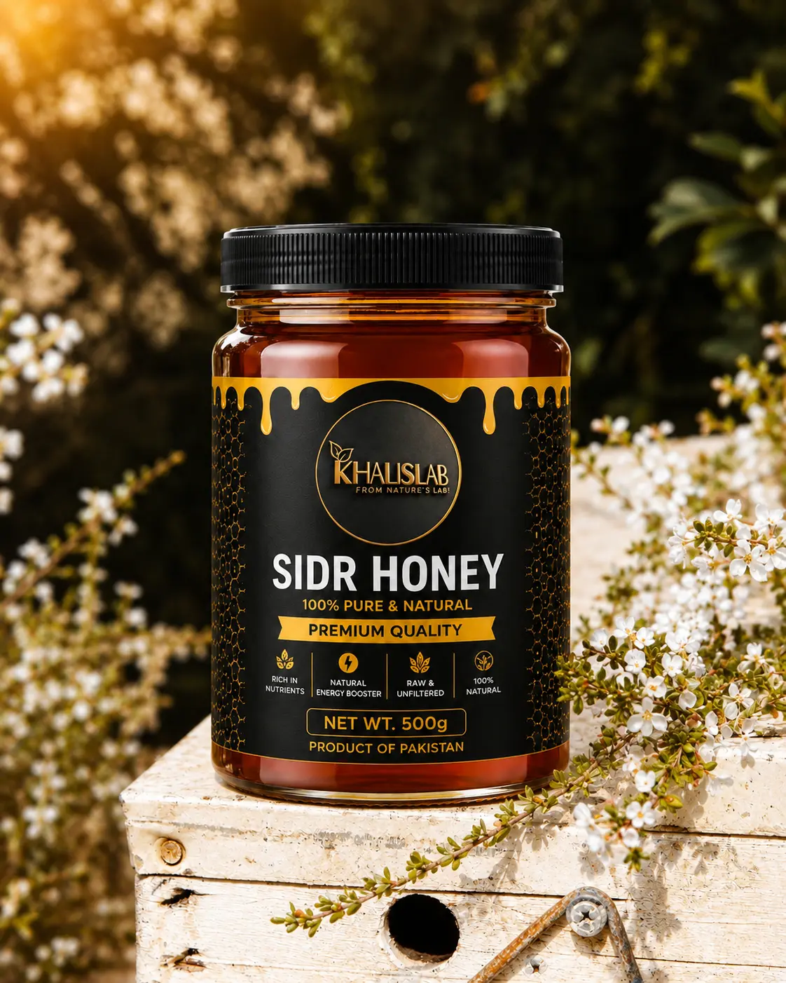 A 500g jar of Sidr Honey by Bz Khalislab is displayed on a rustic wooden crate outdoors, surrounded by white flowers and green foliage. The jar has a black lid and a black label with gold honey-drip details and white text.