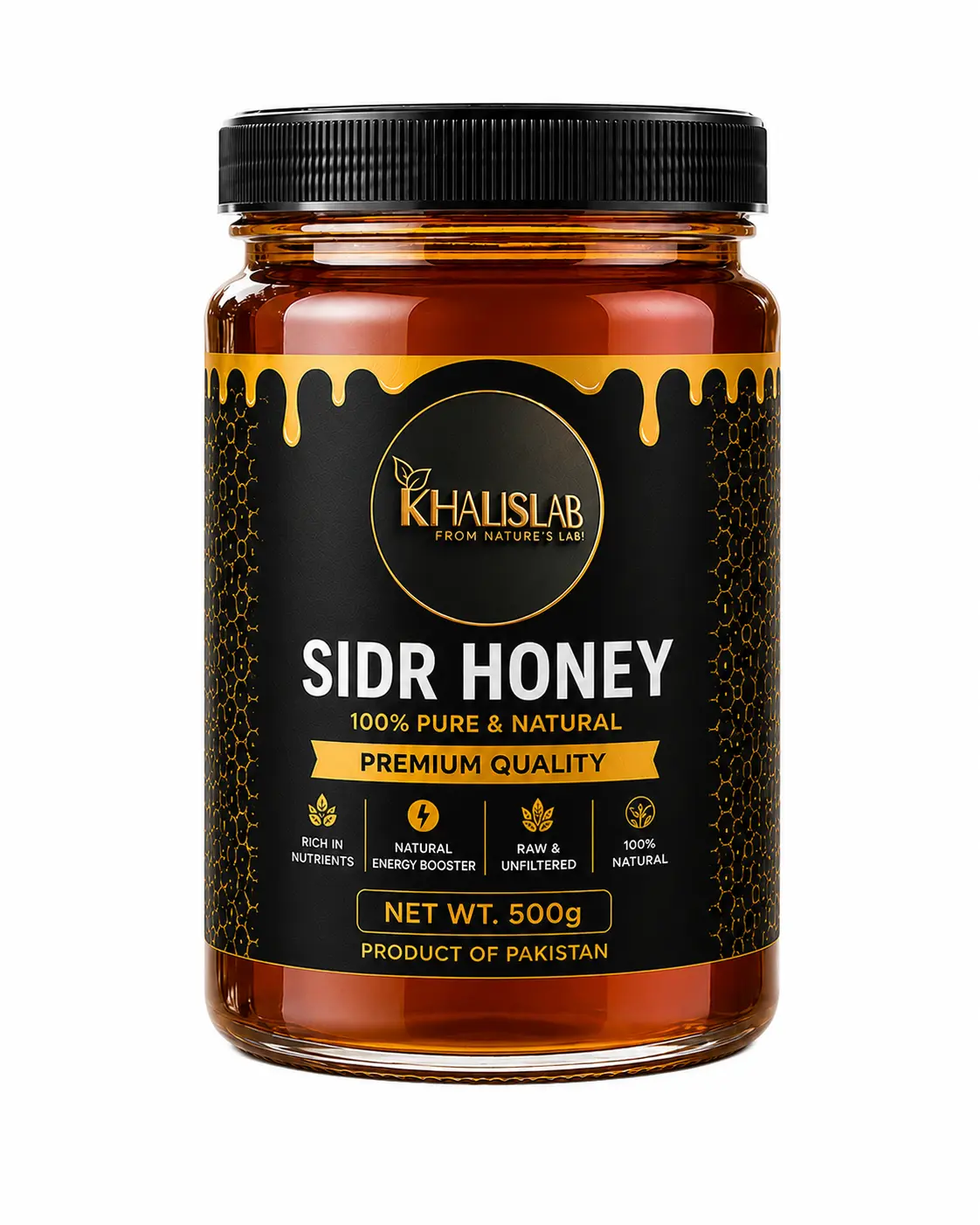 A 500g jar of Khalislab Sidr Honey on a solid white background. The jar is made of clear glass showing the rich amber-brown honey inside, topped with a black screw-on lid and wrapped in a black label with gold honey-drip details and white text.