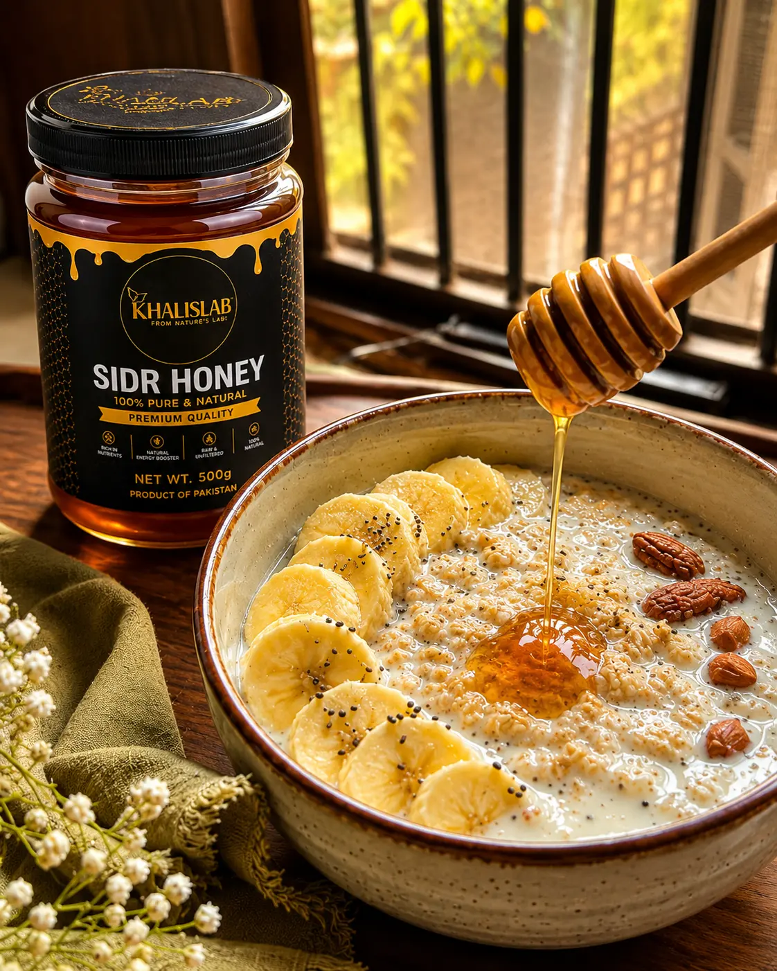 A jar of Khalislab Sidr Honey is shown next to a ceramic bowl filled with oatmeal, banana slices, and nuts, with honey dripping from a wooden dipper into the bowl. The scene is set on a wooden table with a window background.