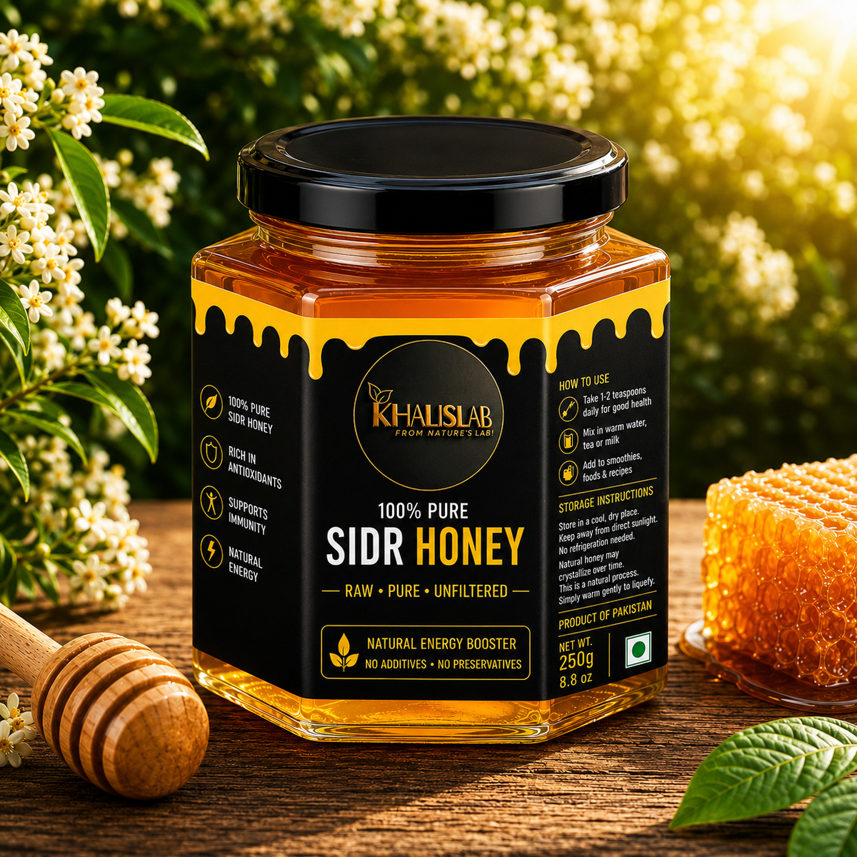 A jar of Khalslab Sidr Honey displayed on a rustic wooden table with a honey dipper, fresh flowers, and a honeycomb piece. The jar has a black lid and a black label with yellow and white text.