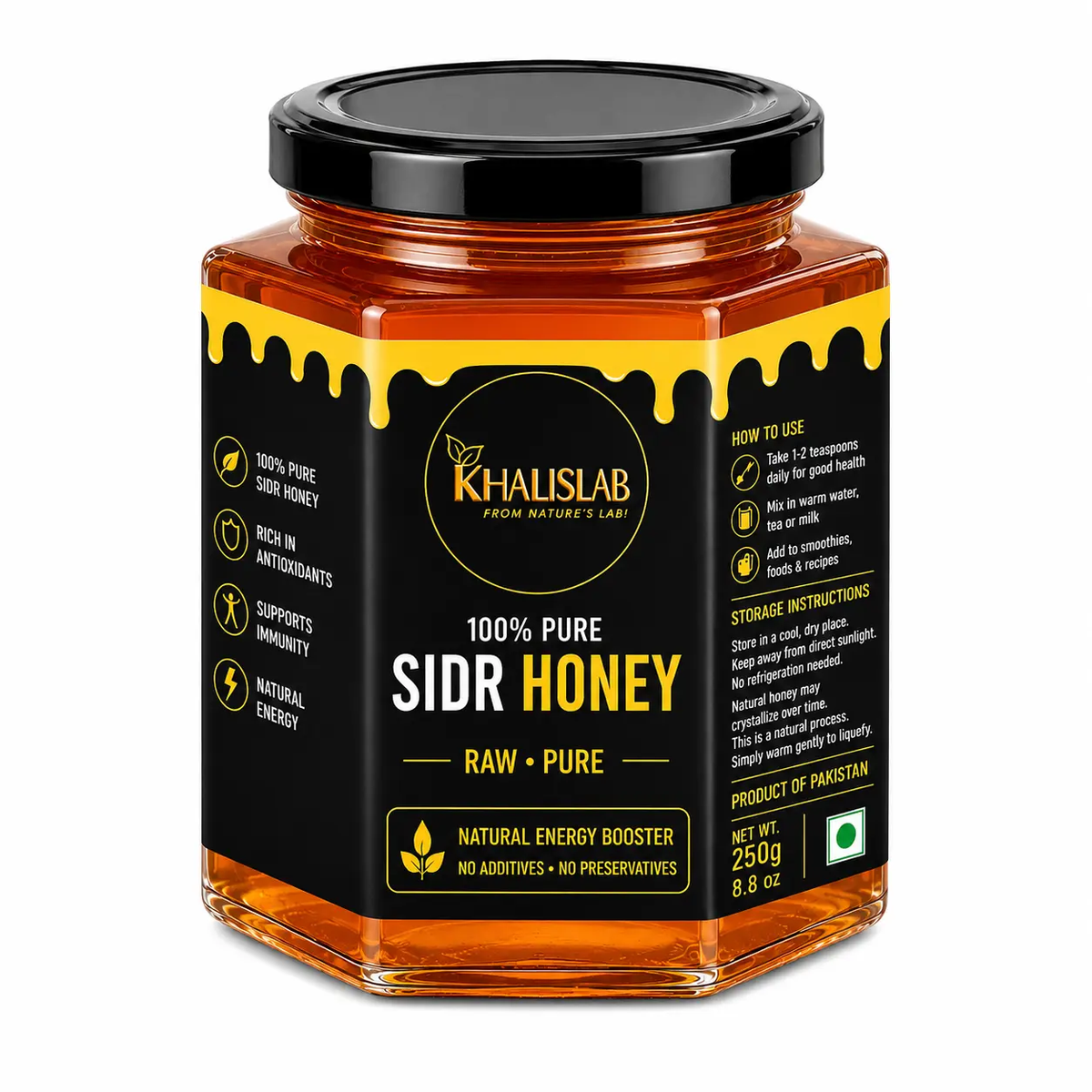 A jar of Khalislab Sidr Honey on a plain white background. The hexagonal glass jar contains golden amber honey and is sealed with a black lid.