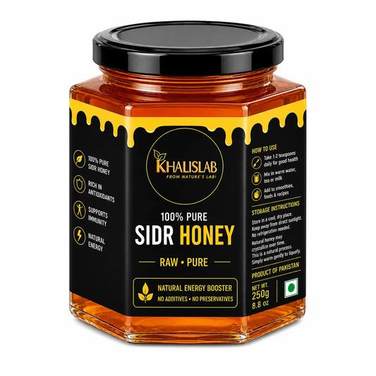 A jar of Khalislab Sidr Honey on a plain white background. The hexagonal glass jar contains golden amber honey and is sealed with a black lid.