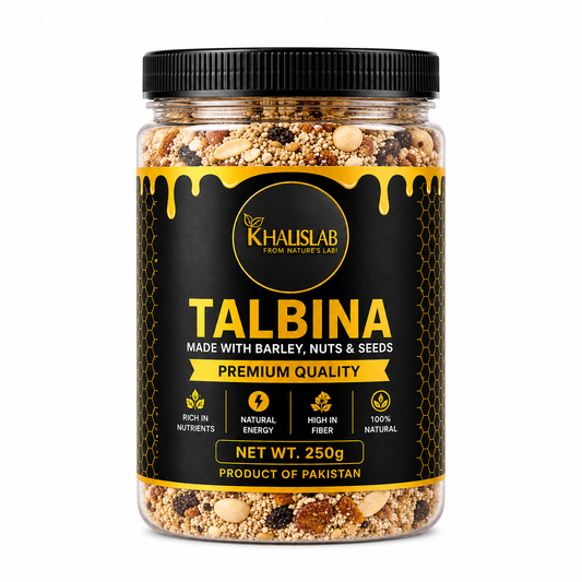 A 250g jar of Khalislab Talbina, a premium mixed grain snack made with barley, nuts, and seeds. The product is shown in a clear plastic jar with a black lid and a black label featuring yellow honey-drip graphics and text.