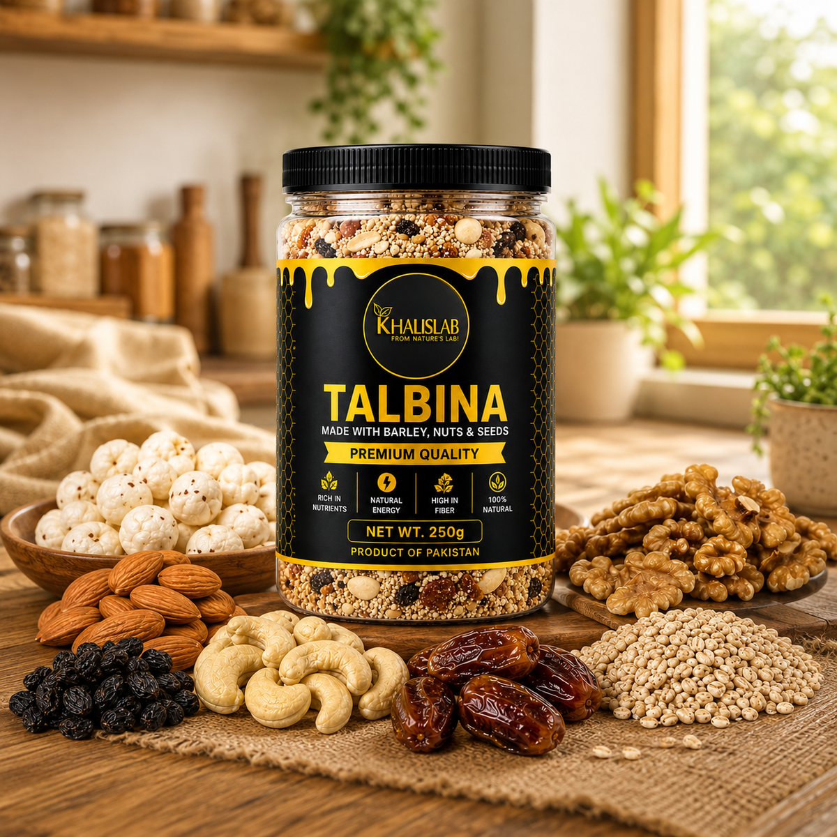A jar of Khaislab Talbina Premium Quality snack mix, surrounded by its raw ingredients (cashews, almonds, walnuts, dates, oats, and raisins) on a rustic burlap surface in a warm kitchen setting.