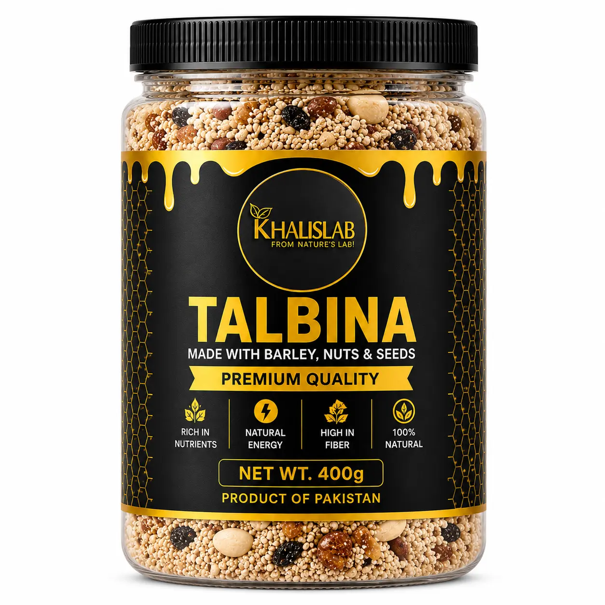 A 400g jar of Khalislab Talbina, a premium grain mix made of barley, nuts, and seeds. The product is shown in a clear jar with a black lid and a black label featuring gold text and honeycomb patterns.