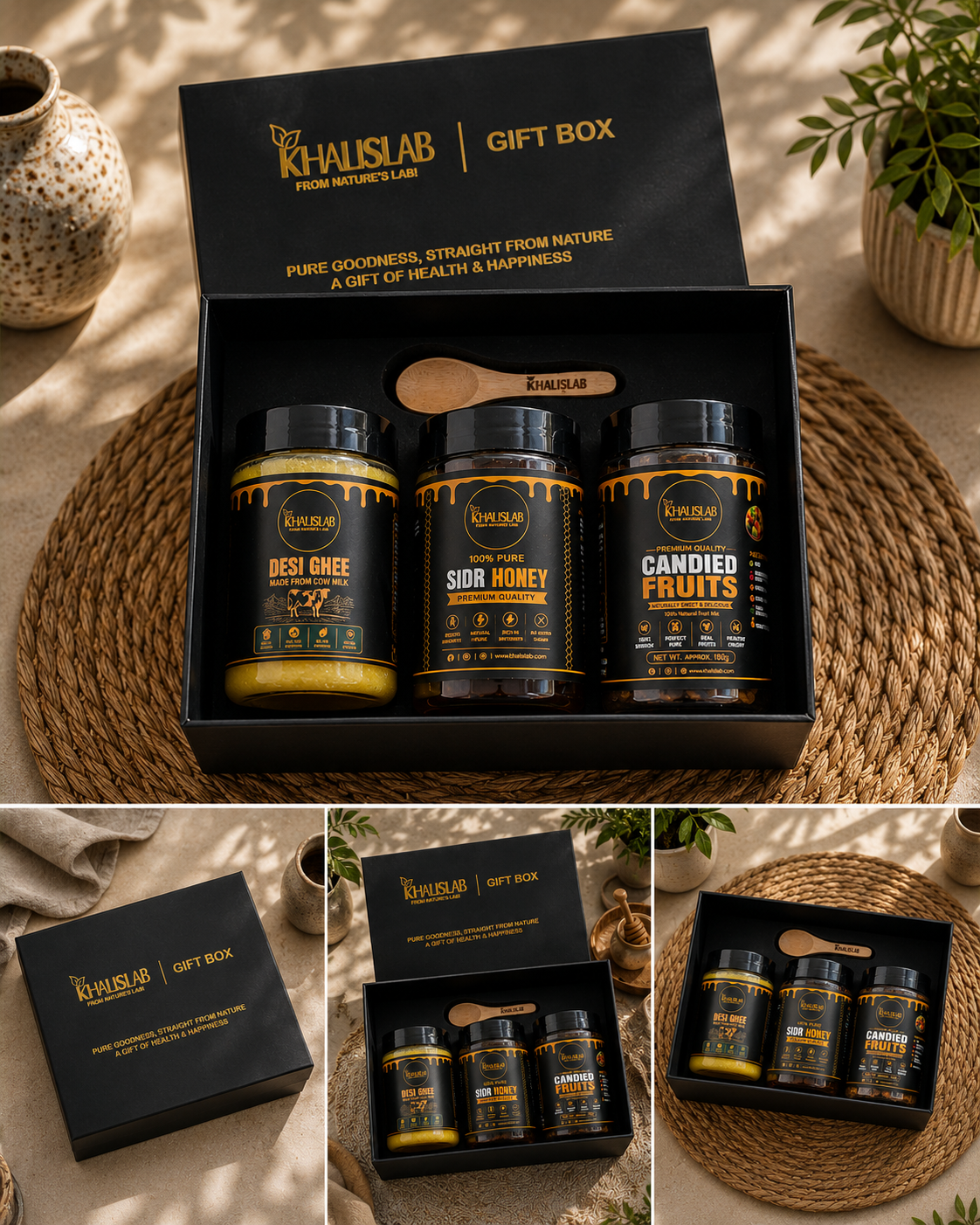 A Black Khalislab gift box set containing three honey and candied fruits bottles, shown open on a woven mat with decorative plants and vases in a styled setting. Three smaller inset views show the closed box, the open box, and the bottles together.